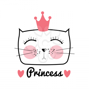Cute Hand Drawn Cat Vector Illustration. Little Princess with Crown Concept EPS10
