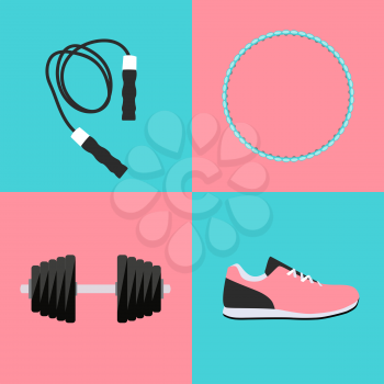 Sport Hula Hoop, Trainers, Dumbbells and Skipping Rope Icon Flat Set Vector Illustration EPS10
