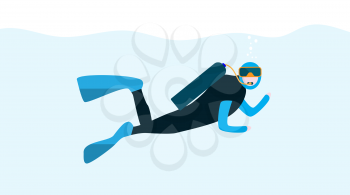 Underwater People, Cartoon  Scuba Diver. Concept of Extreme Diving Sport and Water Activity Vacation with Special Equipment. Vector Illustration EPS10