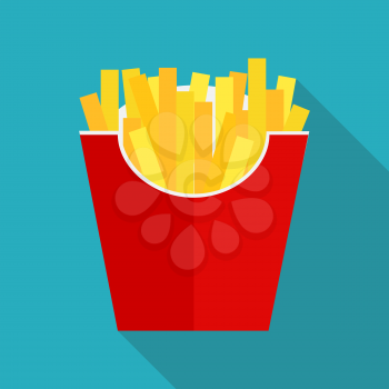 Fast Food Fried French Gold Fries Potatoes in Paper Wrapper on Blue Background. Vector illustration EPS10