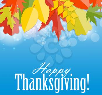 Happy Thanksgiving Day Background with Shiny Autumn Natural Leaves. Vector Illustration EPS10