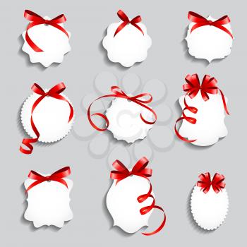 Price Tags with Red Bows and Ribbon Set. Paper Label  Design Vector Illustration EPS10