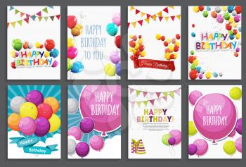 Happy Birthday, Holiday  Greeting and Invitation Card Template Set with Balloons and Flags. Vector Illustration EPS10