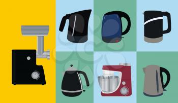 Set of Kitchen appliances. Electric kettle, meat mincer, food processor. Vector Illustration. EPS10