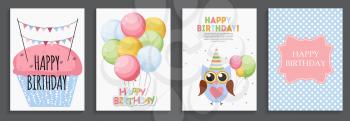 Happy Birthday, Holiday  Greeting and Invitation Card Template Set with Balloons and Flags. Vector Illustration EPS10
