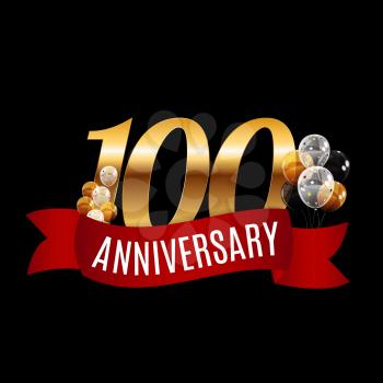 Golden 100 Years Anniversary Template with Red Ribbon Vector Illustration EPS10
