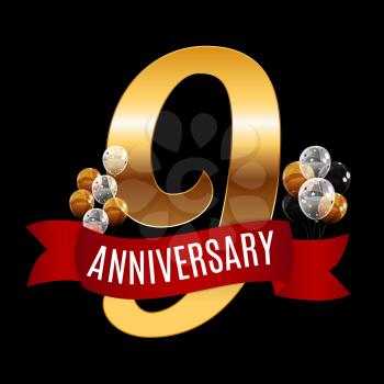 Golden 9 Years Anniversary Template with Red Ribbon Vector Illustration EPS10
