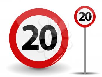 Round Red Road Sign Speed limit 20 kilometers per hour. Vector Illustration. EPS10