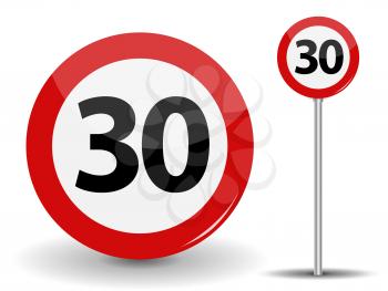 Round Red Road Sign Speed limit 30 kilometers per hour. Vector Illustration. EPS10