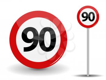 Round Red Road Sign Speed limit 90 kilometers per hour. Vector Illustration. EPS10