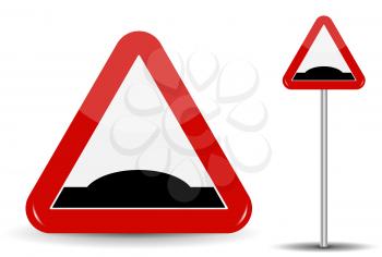 Road sign Warning Sleeping policeman. In Red Triangle is schematically depicted an artificial unevenness in the form of hillock. Vector Illustration. EPS10