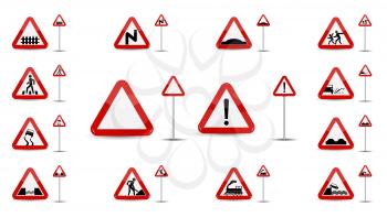 Set of Sign Warning. In Red Triangle is a sketchy different types of special signs for car drivers. Vector Illustration. EPS10