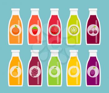 Apple, Orange, Plum, Cherry, Lemon, Lime, Watermelon, Strawberries, Kiwi, Peaches, Grapes and Pear Juice Bottle Template in Modern Flat Style. Vector Illustration. EPS10