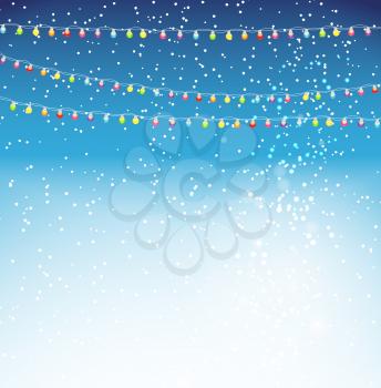 Abstract Beauty Christmas and New Year Background with Garland Bulb Lights and Falling Snow. Vector Illustration. EPS10