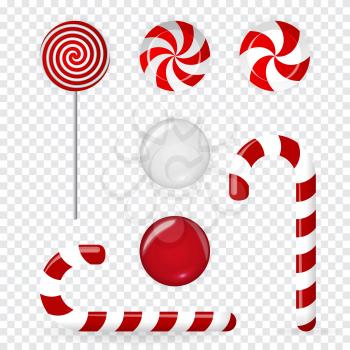 Sweet candy of various forms cane, circle on stick and flavors on transparent background. Decoration for the new year. Vector Illustration. EPS10