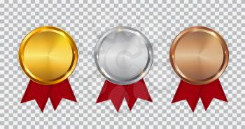 Champion Gold, Silver and Bronze Medal Template with Red Ribbon. Icon Sign of First, Second  and Third Place Isolated on Transparent Background. Vector Illustration EPS10