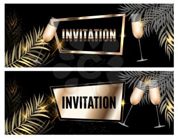 Vintage Luxury Golden Ornate Invitation with Palm Leaf and Glasses of Champagne Template Vector Illutsration EPS10