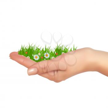 Grass and flowers in hand. Spring is cooming background. Vector Illustration. EPS10