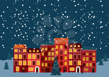 Winter Christmas and New Year Little Town in retro Style. Vector Illustration EPS10