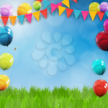 Green Grass Field and Blue Sky Background with Holiday Flags, balloons. Vector Illustration. EPS10