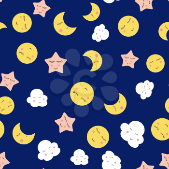 Cute Cloud, Star and Moon Seamless Pattern Background Vector Illustration.