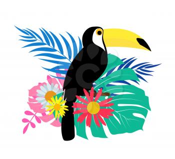 Toucan bird with palm leaves on white background. Vector Illustration EPS10