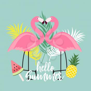Abstract Summer Sale Background with Palm Leaves and Flamingo. Vector Illustration EPS10