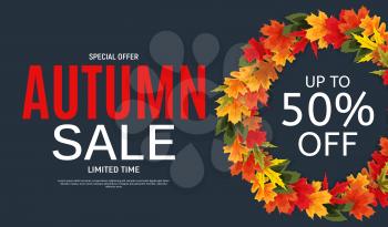 Shiny Autumn Leaves Sale Banner. Business Discount Card. Vector Illustration EPS10
