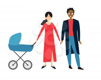 Couple with baby in a stroller. Vector Illustration EPS10