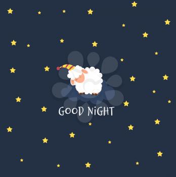 Cute little sheep on the night sky. Sweet dreams. vector illustration. EPS10
