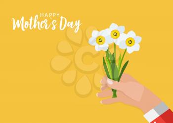 Happy Mother's day greeting card with hand holding flowers background. Vector Illustration. EPS10
