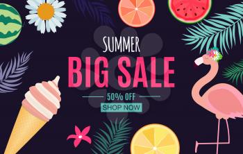 Abstract Summer Sale Background with Palm Leaves, Watermelon, Ice Cream and Flamingo. Vector Illustration EPS10