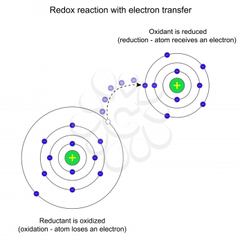 Model of redox reaction with electron transfer, 2d illustration, isolated on white, vector, eps 8