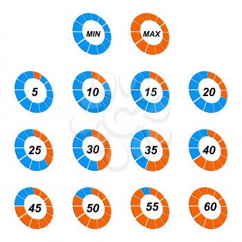 Scale of stopwatch in different positions, icon set, 3d illustration, vector, eps 8