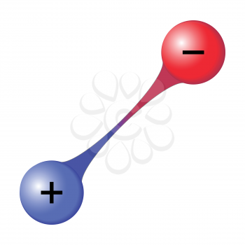 Interaction between two oppositely charged particles on white background, illustration, vector, eps 8