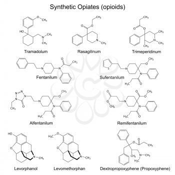 Structural chemical formulas of main full synthetic opiates, 2d illustration, isolated, vector, eps 8