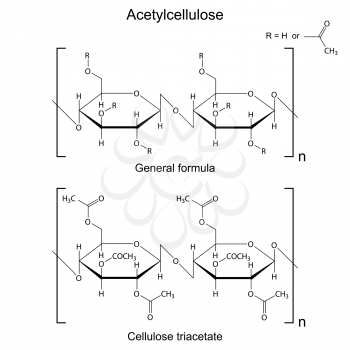 Structural chemical formula of  acetyl cellulose polymer, 2d illustration, vector, eps 8
