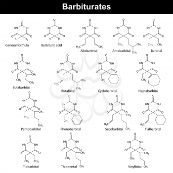 Barbiturate molecules - chemical structural molecular formulas, 2d vector, eps 8