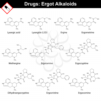 Ergot alkaloids and their synthetic and semi-synthetic analogues, drugs and hallucinogens, structural chemical formulas of molecules, 2d vector, isolated on white background, eps 8