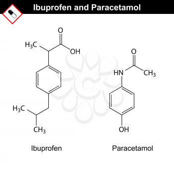 Ibuprofen and paracetamol molecules, non-steroidal  anti-inflammatory drugs, structural chemical formulas, 2d vector isolated on white background, eps 8