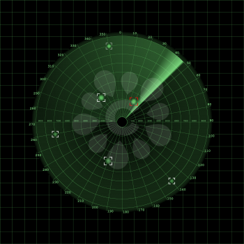 Radar screen on grid, 2d vector on dark background, sonar, eps 10