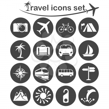 Travel icons set, 16 signs on dark round plates, 2d vector, eps 8