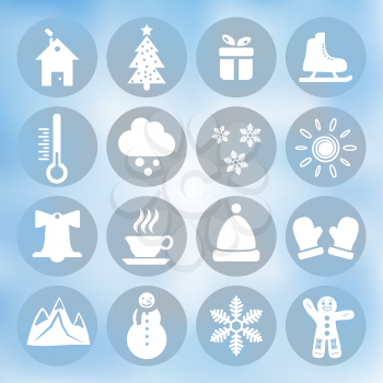 Winter icons set on blue background, gradient mesh, 16 signs on round plates, 2d vector, eps 10