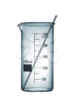 Chemical beaker with a glass rod, isolated on white background