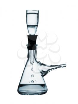 Suction flask with a sintered glass filter and solution isolated on white background, studio shot