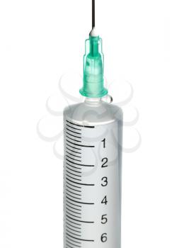 Scale of plastic syringe with solution isolated on white background, high depth of field,  studio shot