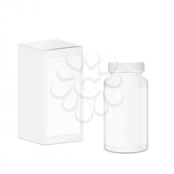 Blank cylindrical pills and tablets container with place for text, white medical box, 3d realistic vector objects, eps 10
