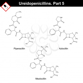 Chemical structures of ureidopenicillins - azlocillin, mezlocillin and piperacillin, fifth part, 2d vector on white background, eps 8
