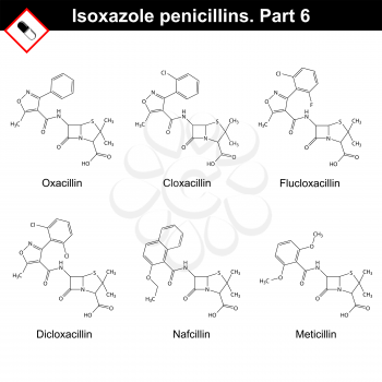 Chemical structures of  isoxazole penicillins - oxacillin, cloxacillin, flucloxacillin, dicloxacillin, nafcillin, meticillin, sixth part, 2d vector on white background, eps 8