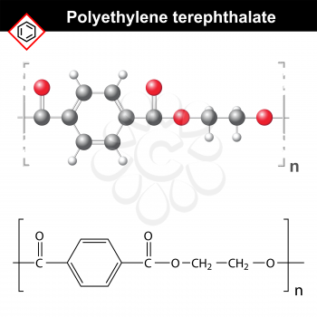 Polyethylene terephthalate polymer molecular structure, 2d and 3d illustration, vector of chemical structure, eps 8